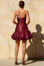 Geraldine Burgundy Satin Pleated Mini Mermaid Dress | Party Wear