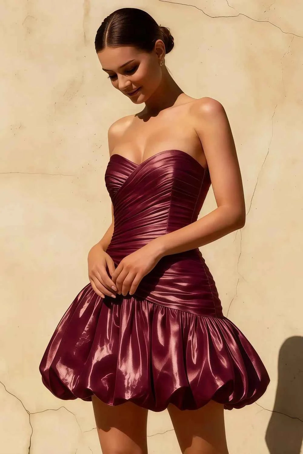 Geraldine Burgundy Satin Pleated Mini Mermaid Dress | Party Wear