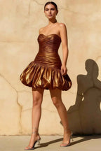 Geraldine Chocolate Satin Pleated Mermaid Dress Mini - Strapless Party Gown