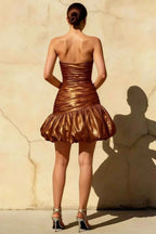 Geraldine Chocolate Satin Pleated Mermaid Dress Mini - Strapless Party Gown