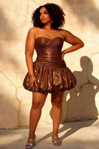 Geraldine Chocolate Satin Pleated Mermaid Dress Mini - Strapless Party Gown