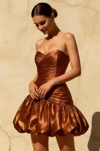 Geraldine Chocolate Satin Pleated Mermaid Dress Mini - Strapless Party Gown