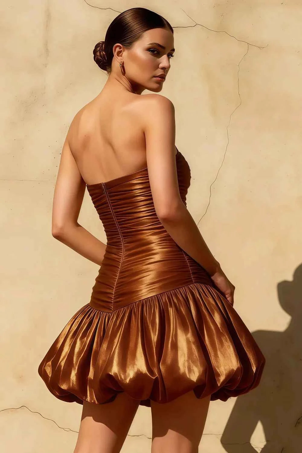 Geraldine Chocolate Satin Pleated Mermaid Dress Mini - Strapless Party Gown