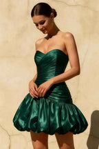Geraldine Emerald Satin Pleated Mermaid Inspired Mini Dress
