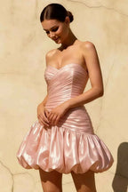 Geraldine Emmy Pink Mermaid Mini Dress | Satin Ruched Dress