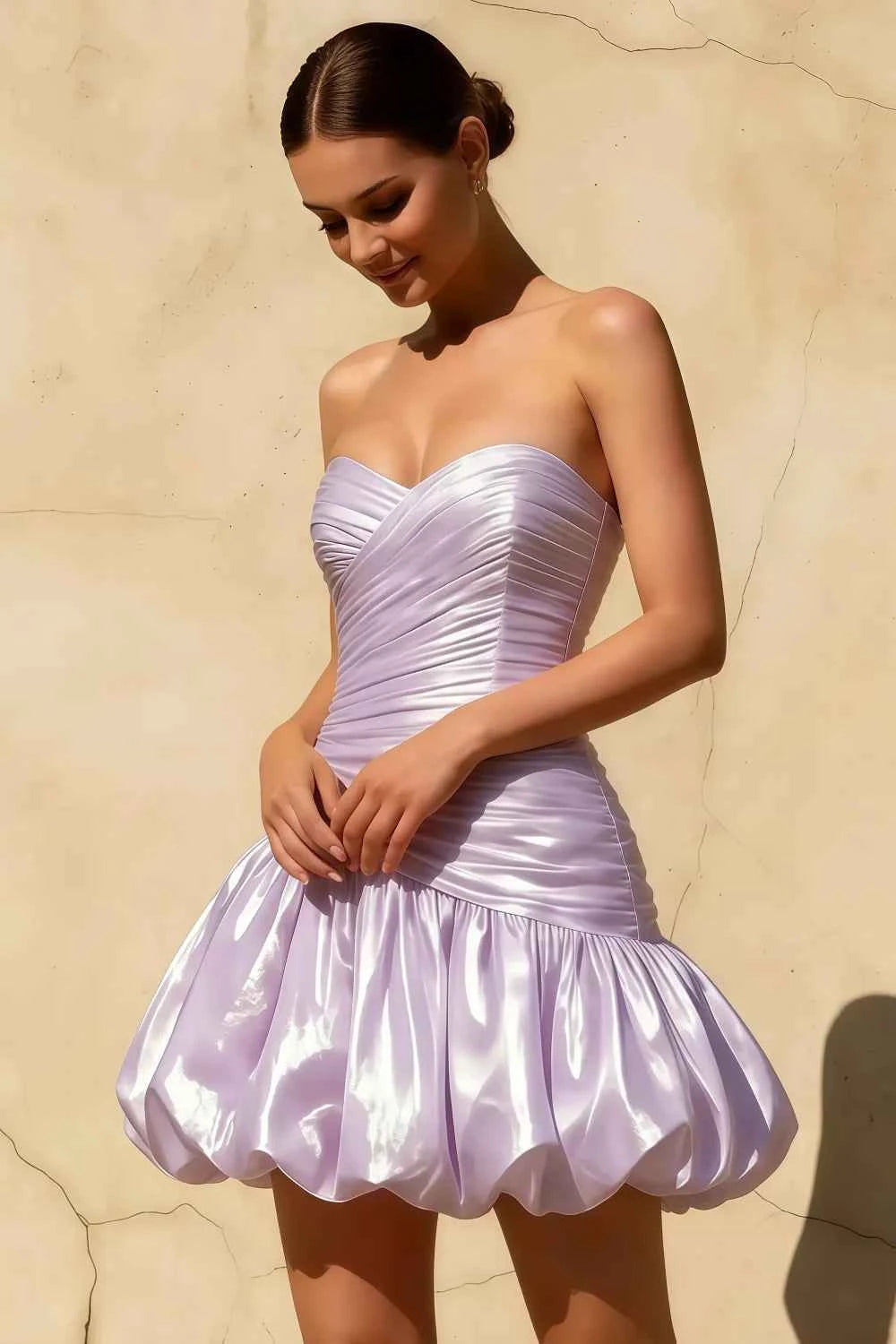 Geraldine Lavender Satin Pleated Indie Mermaid Mini Dress