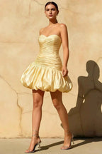 Geraldine Light Yellow Satin Pleated Little Mermaid Mini Dress