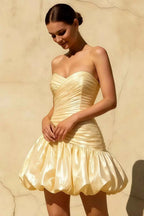 Geraldine Light Yellow Satin Pleated Little Mermaid Mini Dress