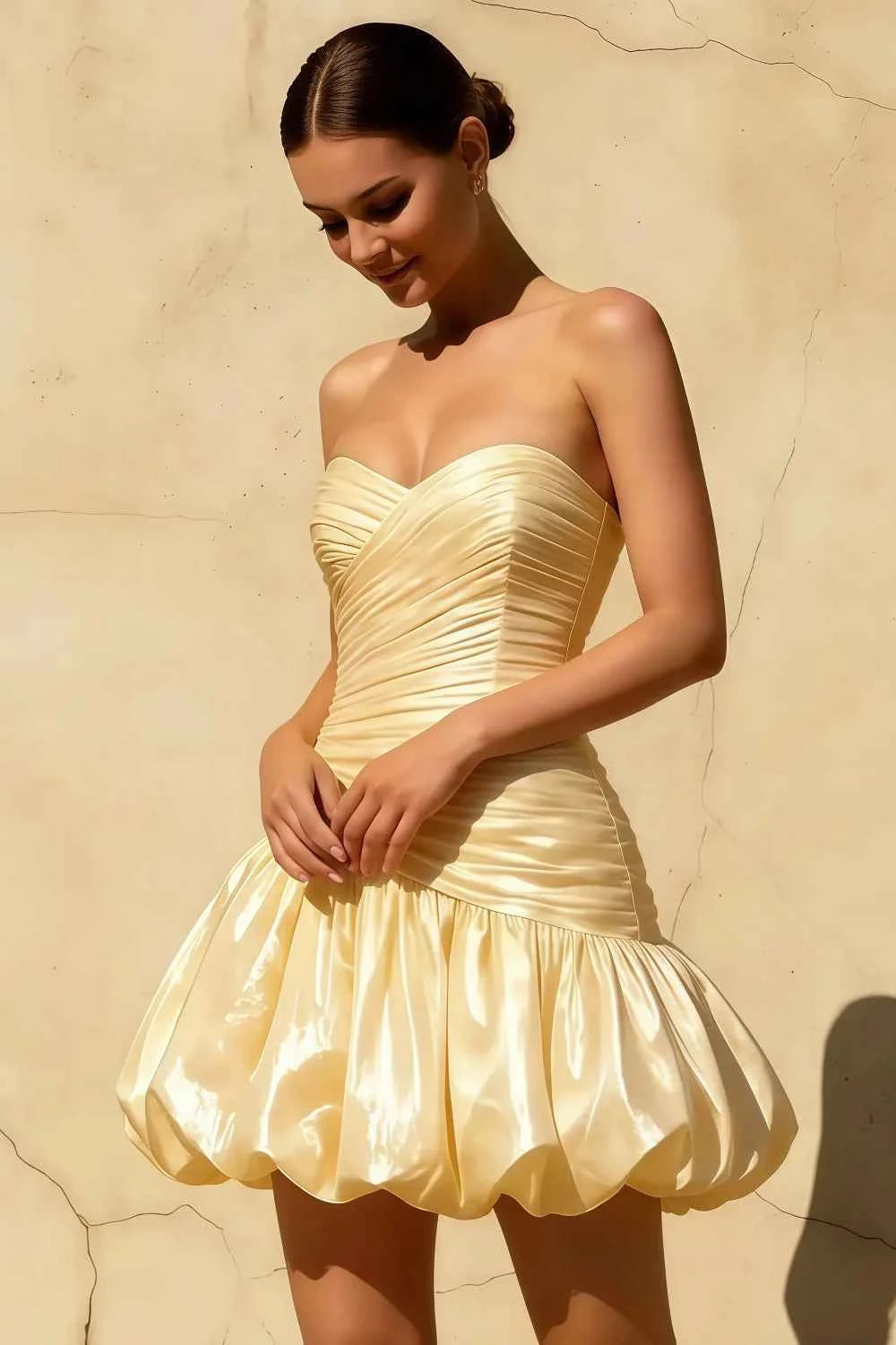 Geraldine Light Yellow Satin Pleated Little Mermaid Mini Dress