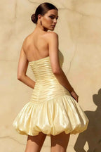 Geraldine Light Yellow Satin Pleated Little Mermaid Mini Dress