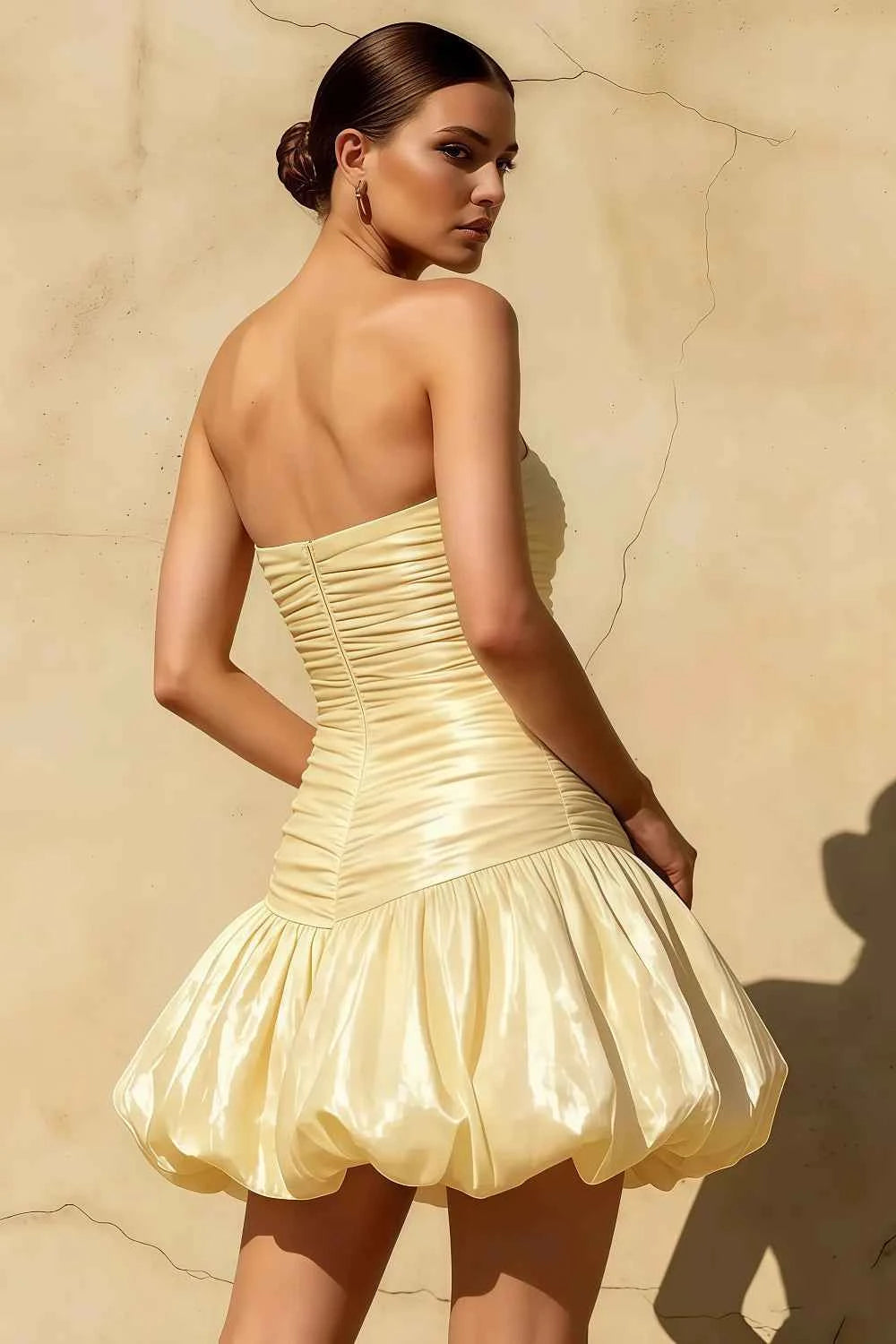 Geraldine Light Yellow Satin Pleated Little Mermaid Mini Dress