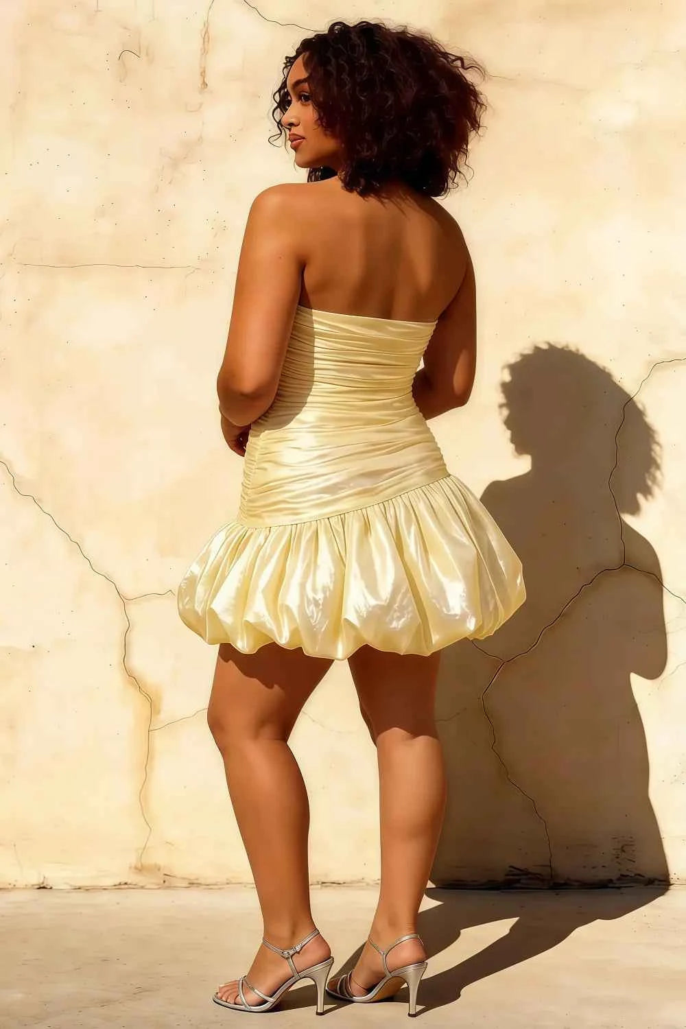 Geraldine Light Yellow Satin Pleated Little Mermaid Mini Dress
