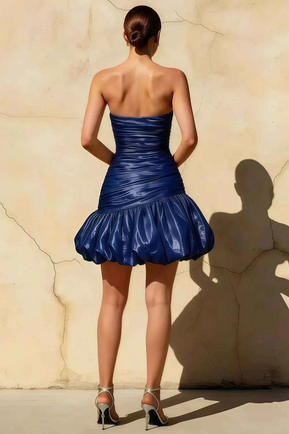 Geraldine Navy Satin Pleated Mermaid Hem Mini Dress