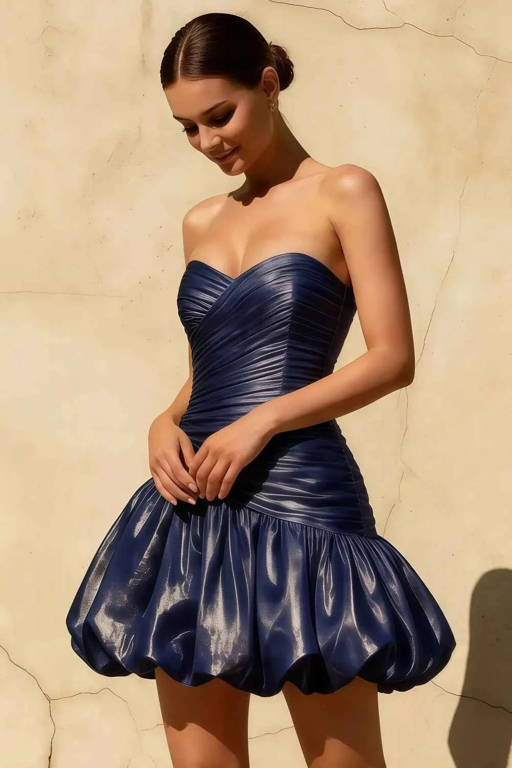 Geraldine Navy Satin Pleated Mermaid Hem Mini Dress