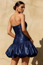 Geraldine Navy Satin Pleated Mermaid Hem Mini Dress
