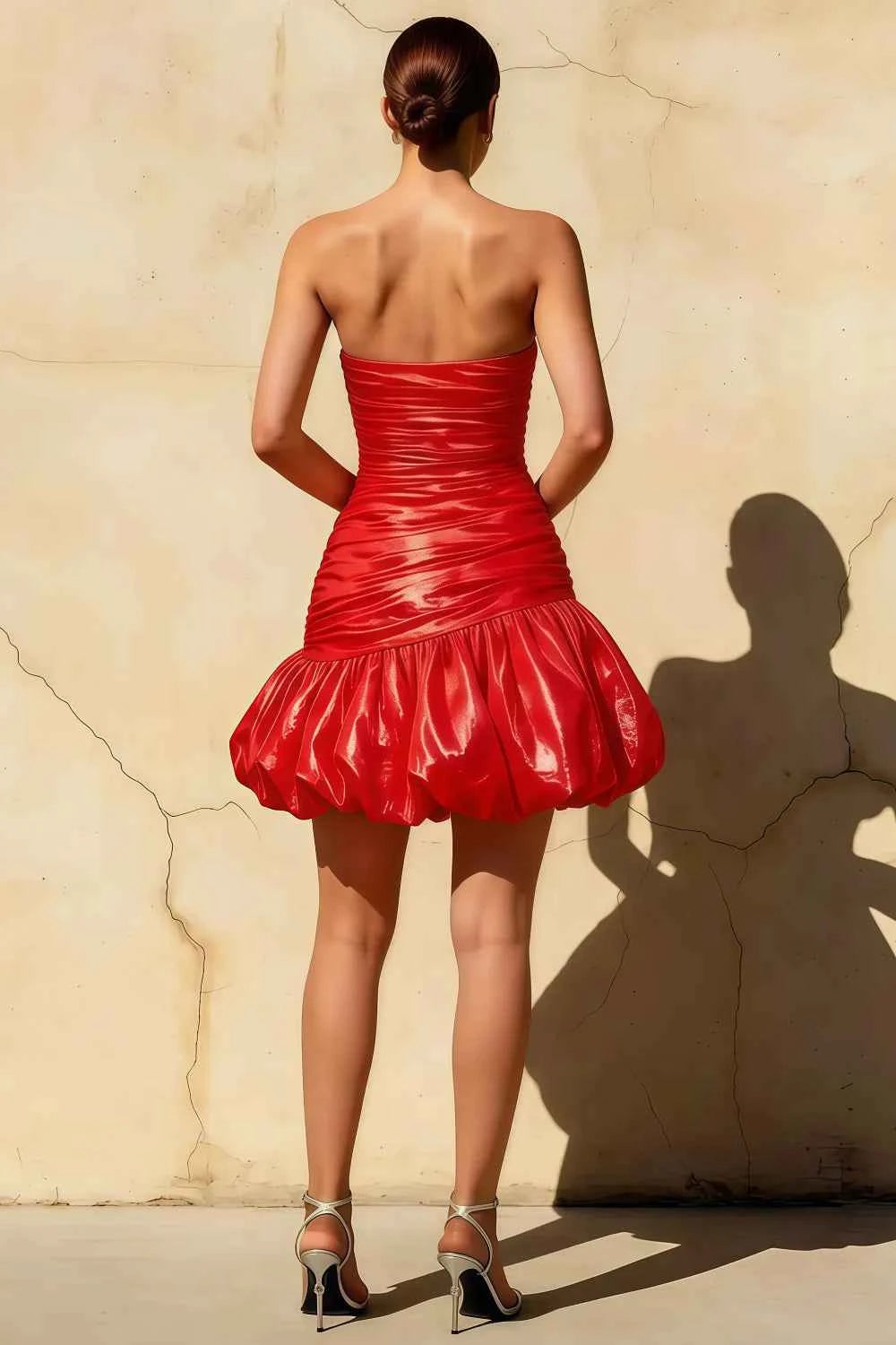 Geraldine Red Satin Strapless Pleated Mermaid Mini Bodycon Dress Secondary image