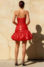Geraldine Red Satin Strapless Pleated Mermaid Mini Bodycon Dress