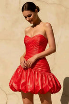 Geraldine Red Satin Strapless Pleated Mermaid Mini Bodycon Dress