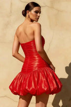 Geraldine Red Satin Strapless Pleated Mermaid Mini Bodycon Dress