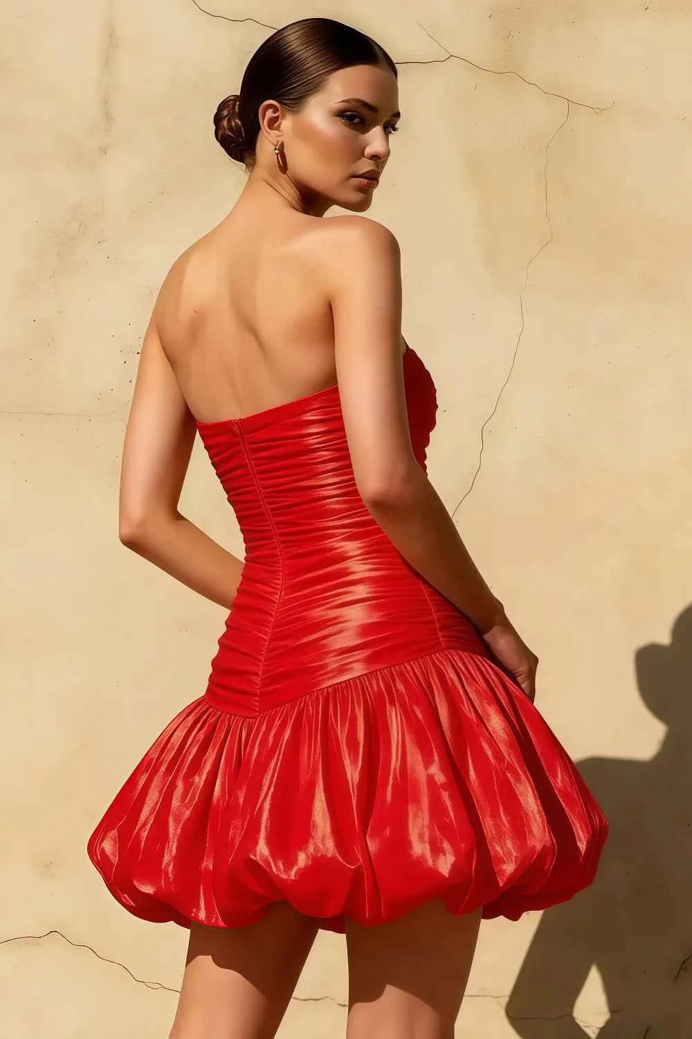 Geraldine Red Satin Strapless Pleated Mermaid Mini Bodycon Dress