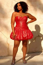 Geraldine Red Satin Strapless Pleated Mermaid Mini Bodycon Dress