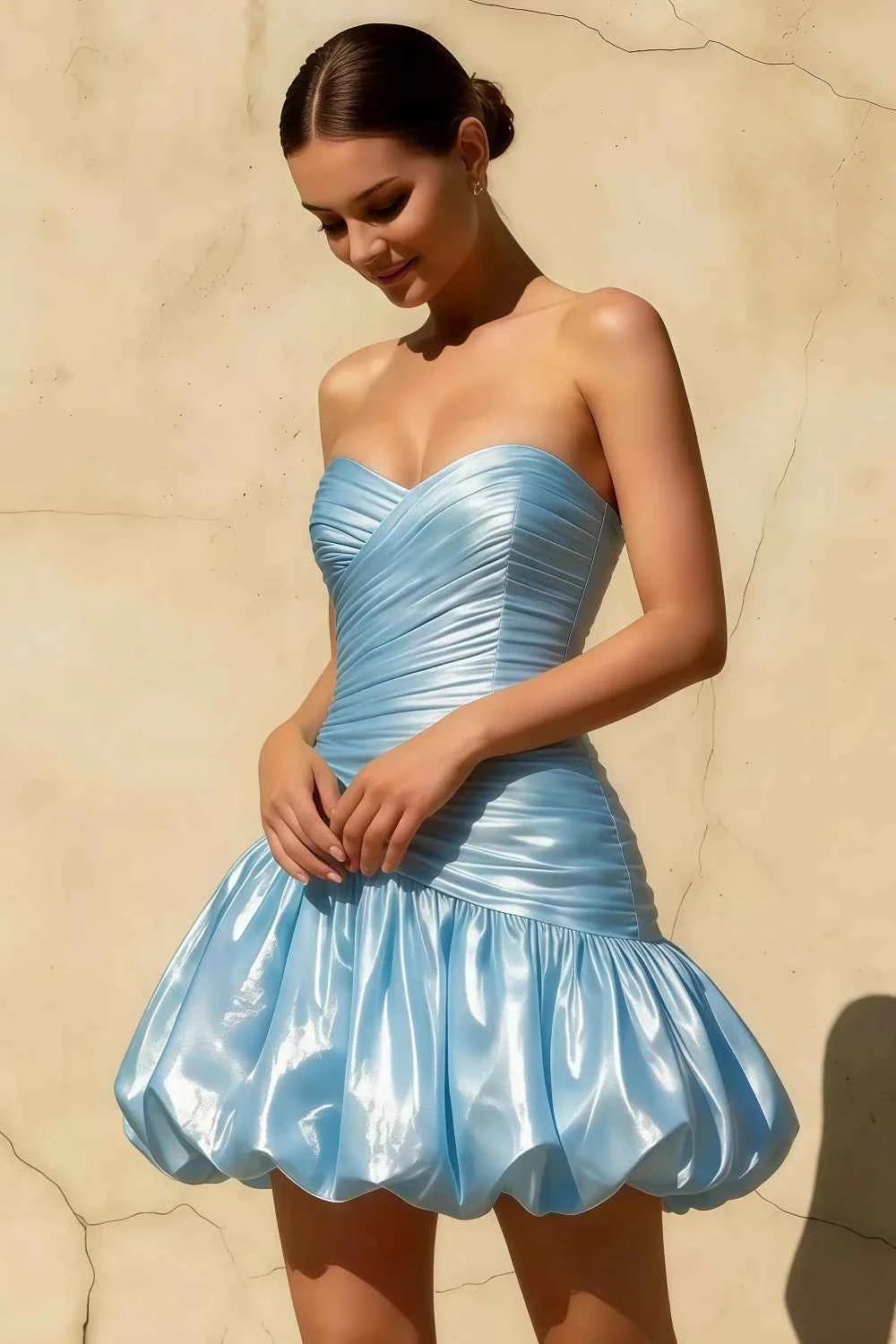 Geraldine Sky Blue Satin Pleated Mermaid Mini Prom Dresses