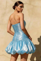 Geraldine Sky Blue Satin Pleated Mermaid Mini Prom Dresses