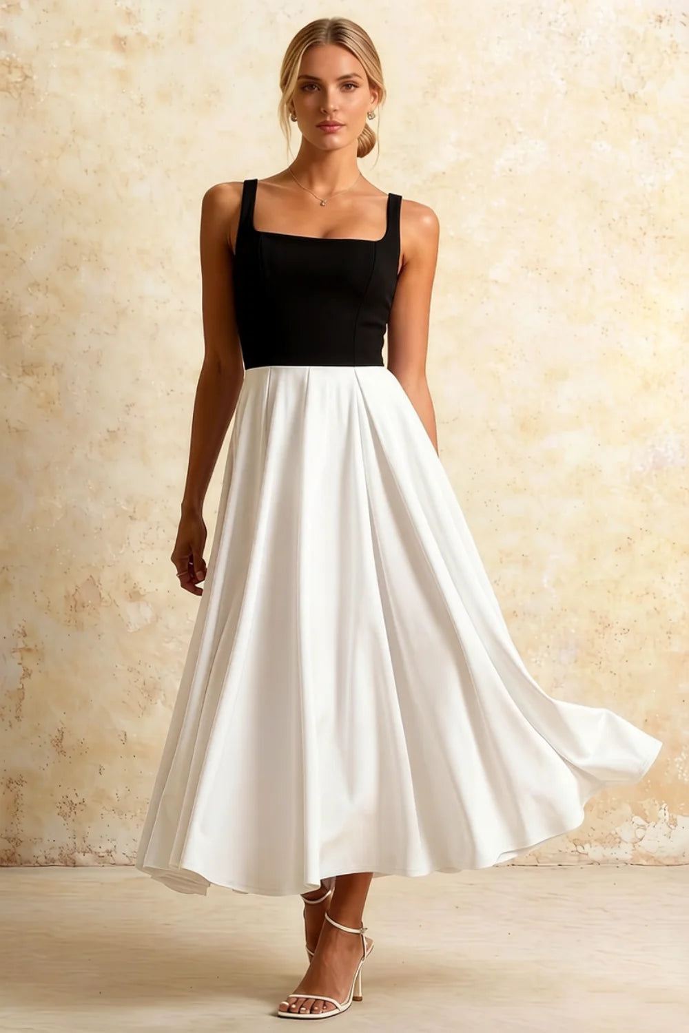 Gina Black and White Midi Square Neckline Dress