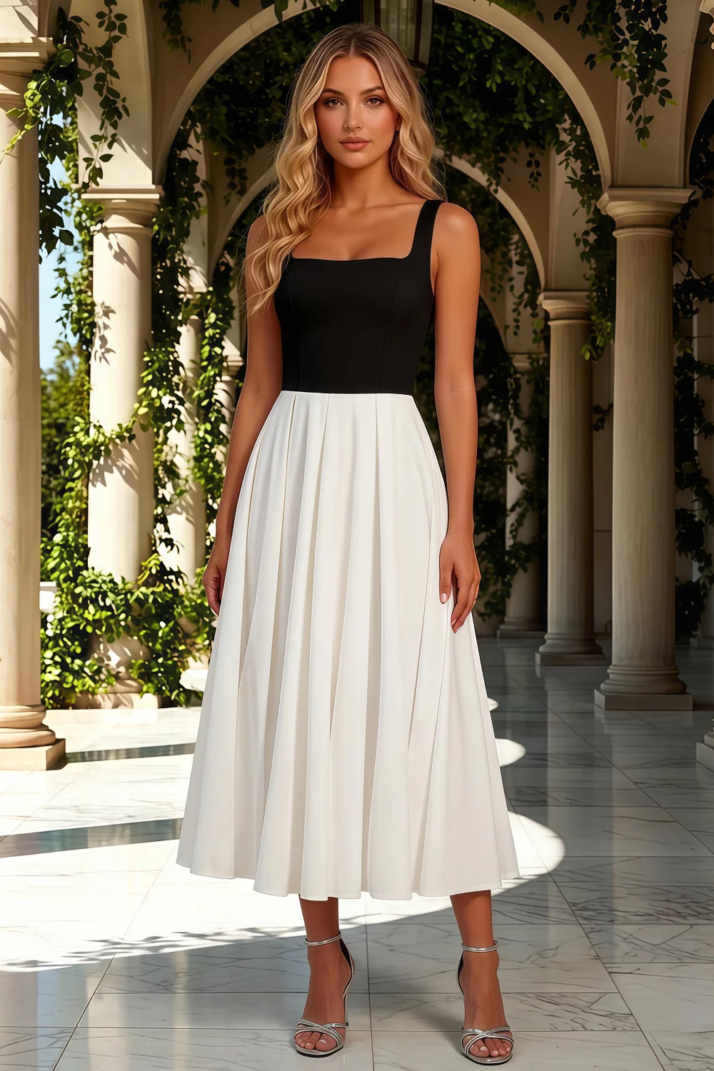 Gina Black and White Midi Square Neckline Dress