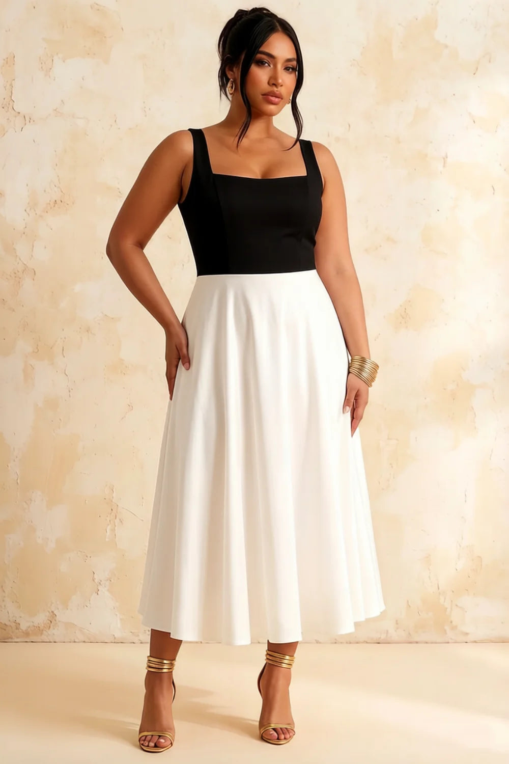 Gina Black and White Midi Square Neckline Dress