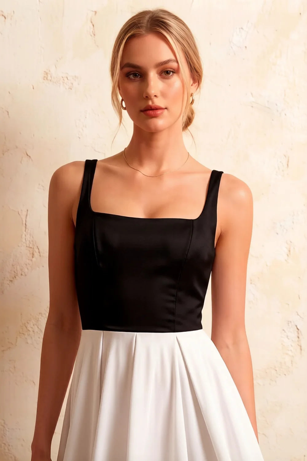 Gina Black and White Midi Square Neckline Dress