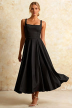Gina Black Square Neck Midi Dress | Timeless A-Line Style