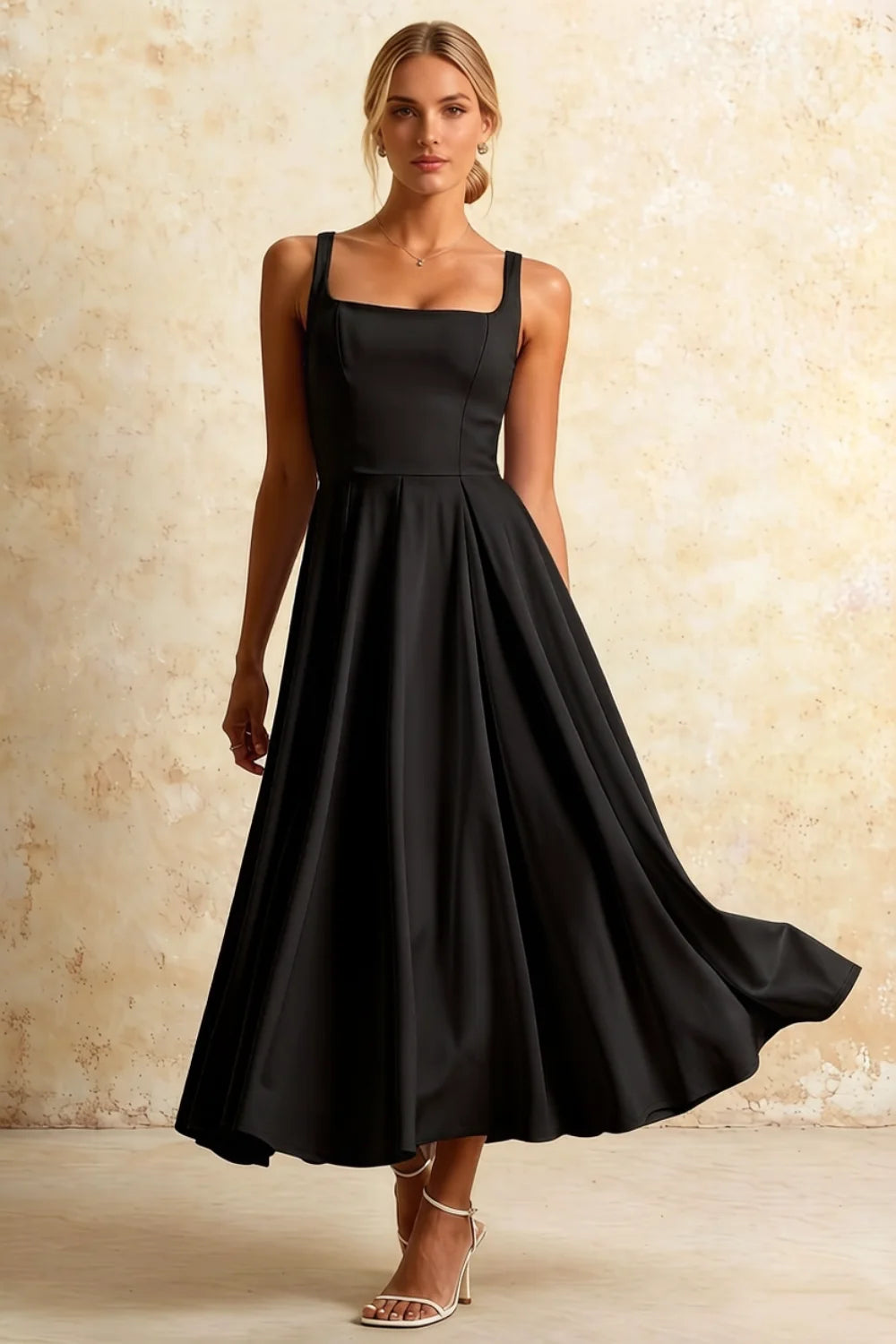 Gina Black Square Neck Midi Dress | Timeless A-Line Style