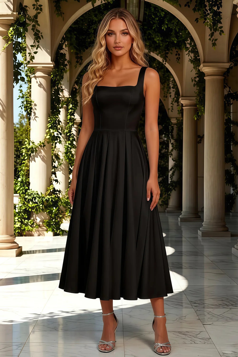Gina Black Square Neck Midi Dress | Timeless A-Line Style Secondary image