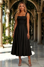 Gina Black Square Neck Midi Dress | Timeless A-Line Style