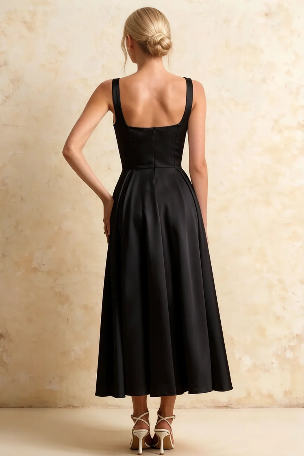 Gina Black Square Neck Midi Dress | Timeless A-Line Style