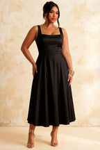 Gina Black Square Neck Midi Dress | Timeless A-Line Style