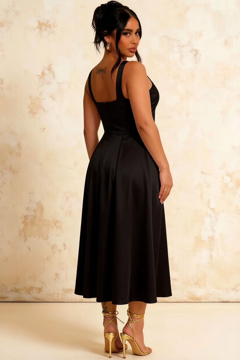 Gina Black Square Neck Midi Dress | Timeless A-Line Style