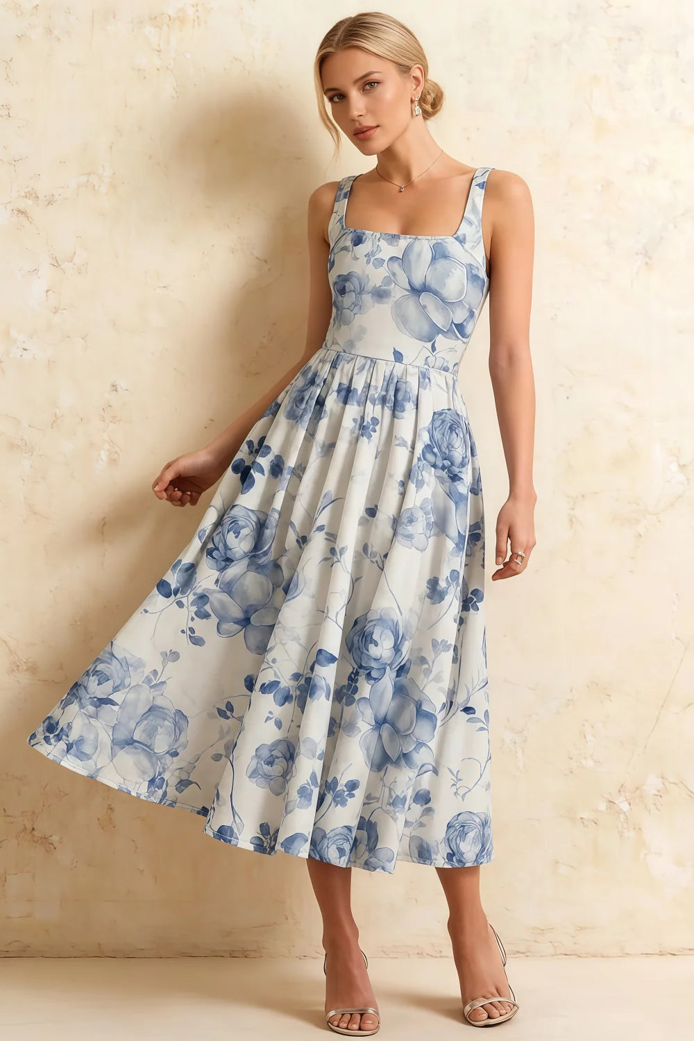 Gina Blue and White Floral Midi Square Neck Dress
