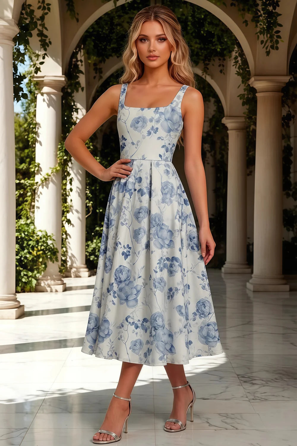 Gina Blue and White Floral Midi Square Neck Dress