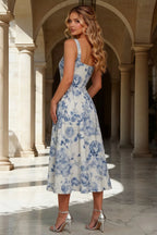 Gina Blue and White Floral Midi Square Neck Dress
