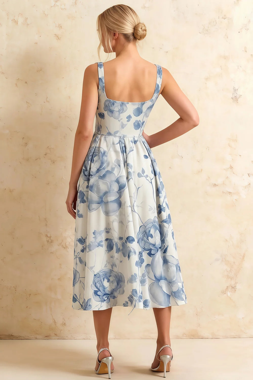 Gina Blue and White Floral Midi Square Neck Dress