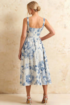Gina Blue and White Floral Midi Square Neck Dress