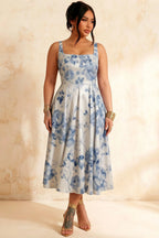 Gina Blue and White Floral Midi Square Neck Dress