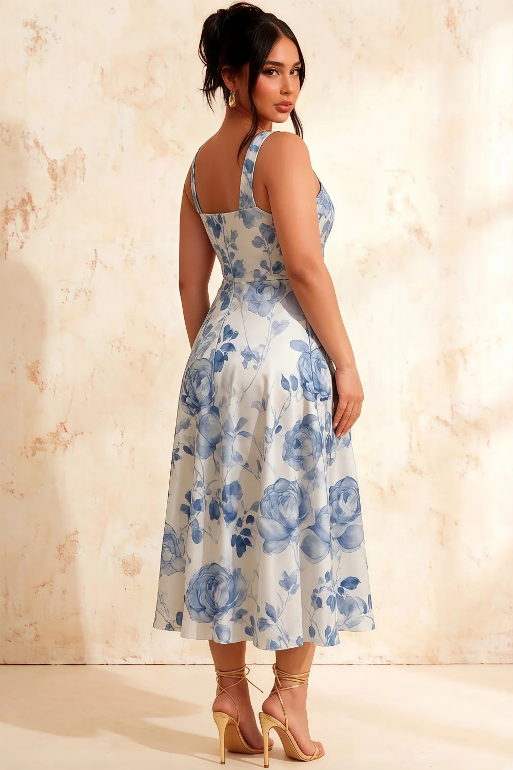 Gina Blue and White Floral Midi Square Neck Dress