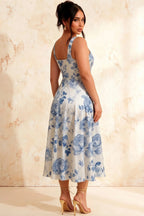 Gina Blue and White Floral Midi Square Neck Dress
