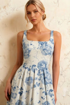 Gina Blue and White Floral Midi Square Neck Dress