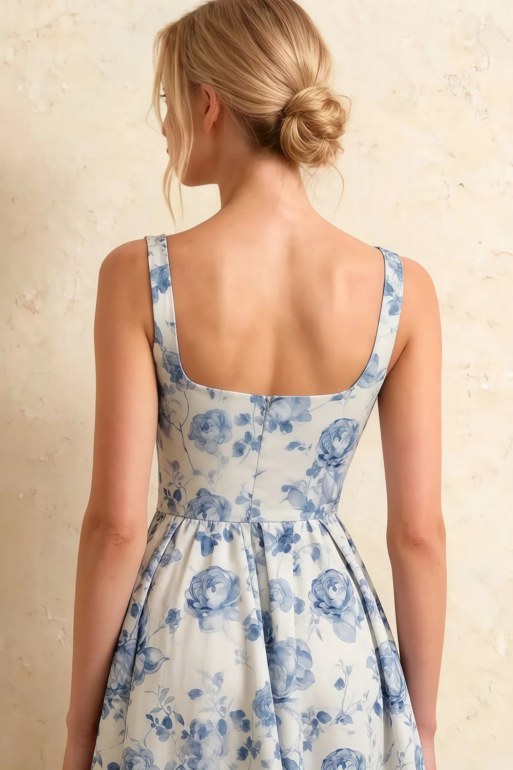 Gina Blue and White Floral Midi Square Neck Dress