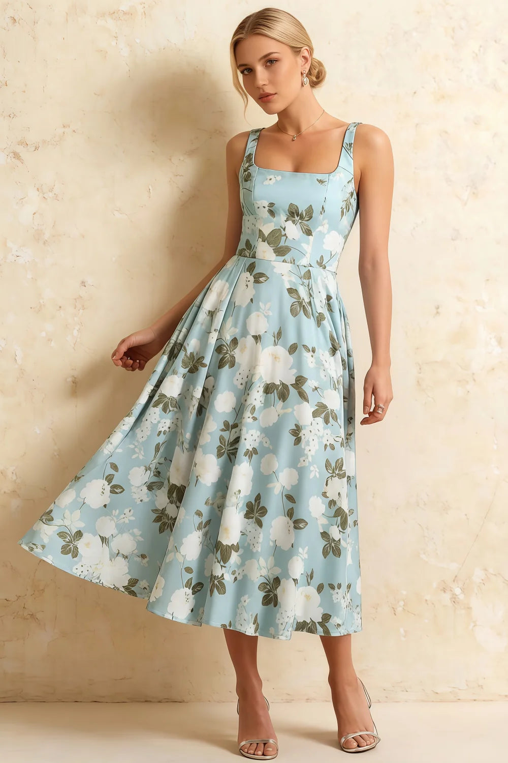 Vestido midi floral azul Gina Escote cuadrado Imagen principal del producto