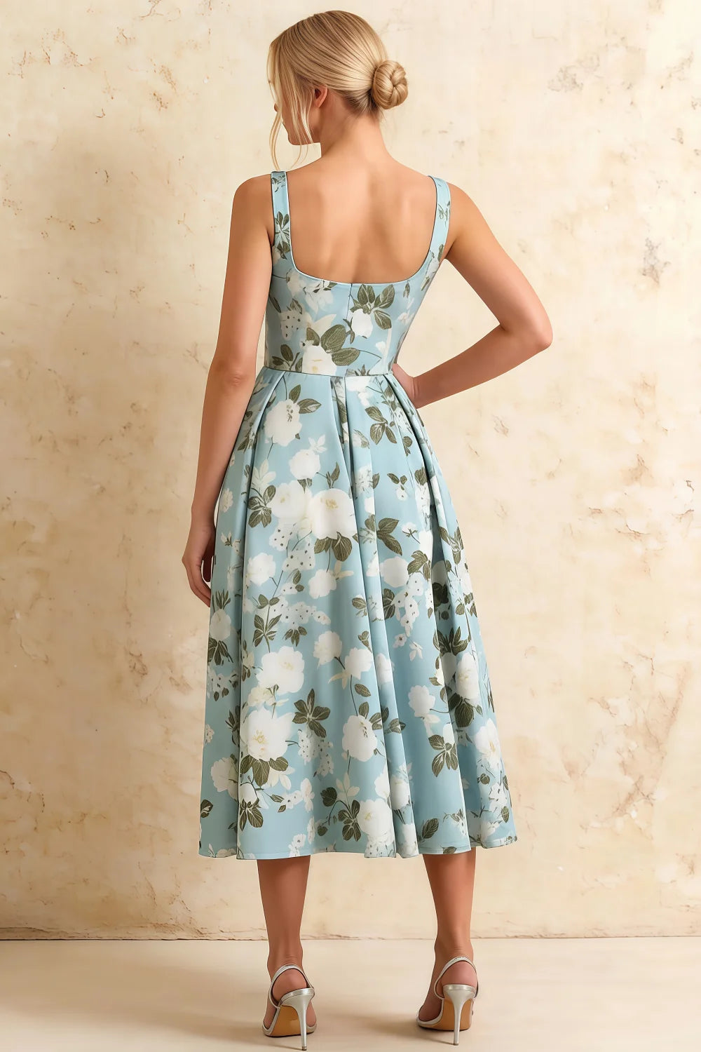 Gina Blue Floral Midi Dress Square Neckline